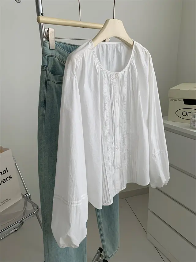 French Style Retro Exquisite Embroidered Crew Neck Doll Shirt White - Shop at LoveMi