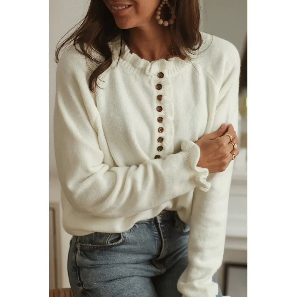 New Style Frill Button Knitted Pullover Crew Neck Sweater Women Beige - Shop at LoveMi