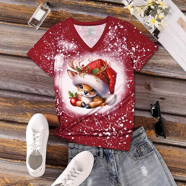 Christmas Cartoon Animal Reindeer Christmas Hat Printed Top 5338Style - Shop at LoveMi
