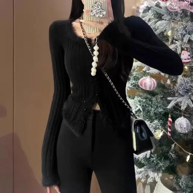 Women's Square Collar Stitching Edging Knitted Cardigan Autumn Winter Coat Black - Shop at LoveMi