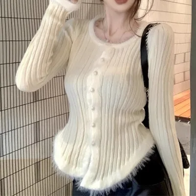 Women's Square Collar Stitching Edging Knitted Cardigan Autumn Winter Coat White - Shop at LoveMi