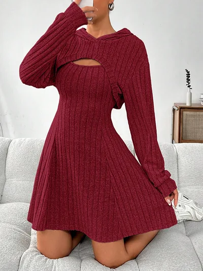 Fall Winter Hooded Shawl Long Sleeve Sweater Vest Short Skirt Slim Fit Two piece Suit Red - Shop at LoveMi