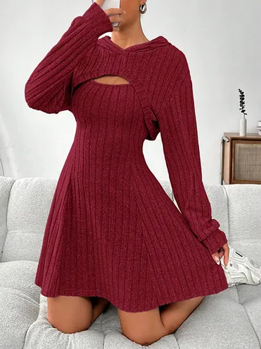 Fall Winter Hooded Shawl Long Sleeve Sweater Vest Short Skirt Slim Fit Two piece Suit Red - Shop at LoveMi