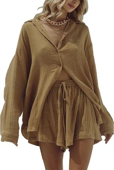 Long Sleeve Loose, Comfortable And Breathable Shorts Pajamas Homewear Brown - Shop at LoveMi