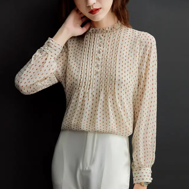 Fashion Stand Collar Polka Dot Chiffon Shirt Long Sleeve Apricot Beige - Shop at LoveMi