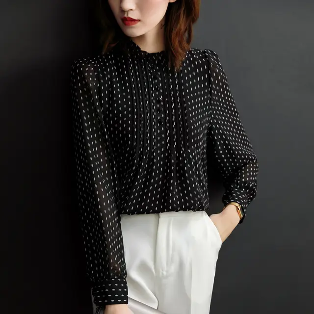 Fashion Stand Collar Polka Dot Chiffon Shirt Long Sleeve Black - Shop at LoveMi