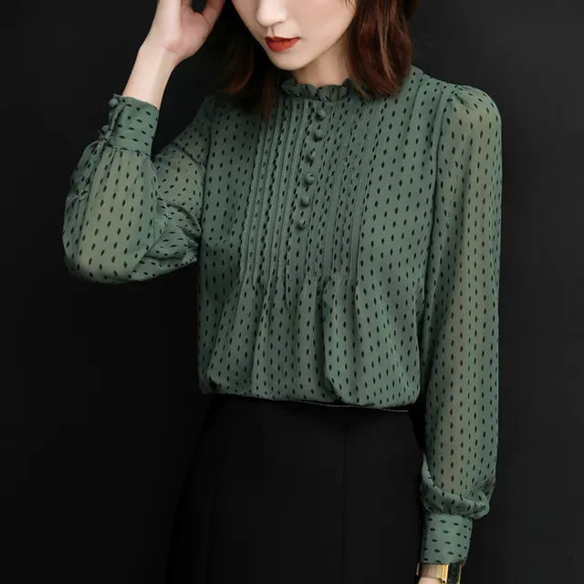 Fashion Stand Collar Polka Dot Chiffon Shirt Long Sleeve Green - Shop at LoveMi