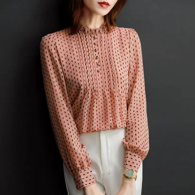 Fashion Stand Collar Polka Dot Chiffon Shirt Long Sleeve Peony Pink - Shop at LoveMi