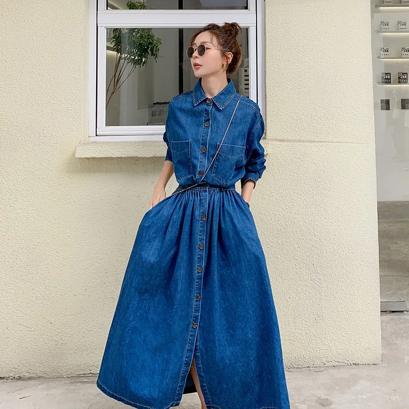 Plus Size Dress High Waist Western Style Slimming - Denim Blue