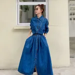 Plus Size Dress High Waist Western Style Slimming - Denim Blue