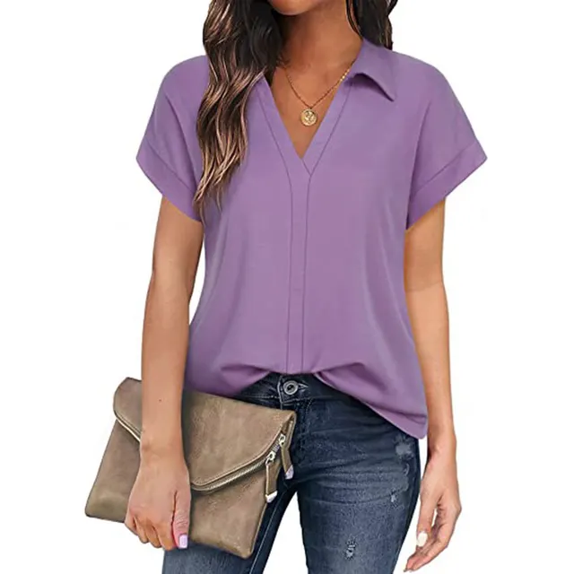 Solid Color Business Casual Women's Short sleeved Shirt Purple - Shop at LoveMi