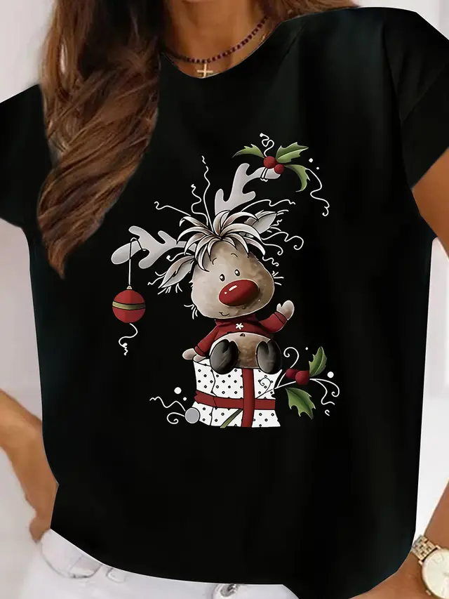 Cartoon Christmas Pattern Women's Printed Plus Size T shirt Black - Shop at LoveMi