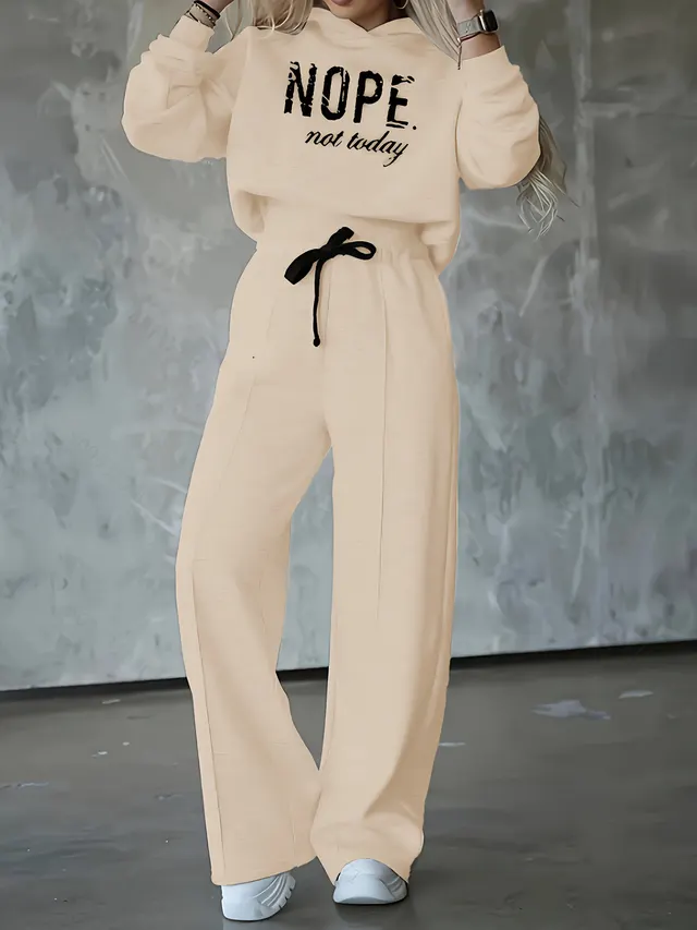Autumn And Winter Casual Hooded Printing Sports Suit Thickened Two piece Suit Apricot - Shop at LoveMi
