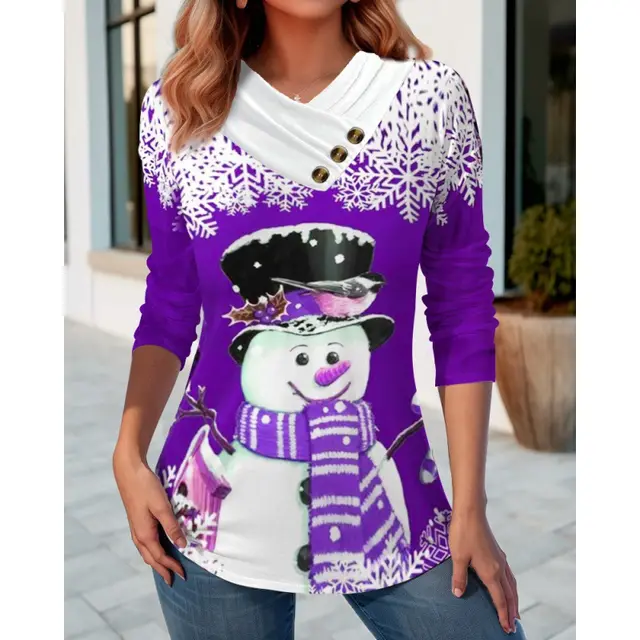 Christmas Snowman Printed V neck Long Sleeve T shirt Purple - Shop at LoveMi