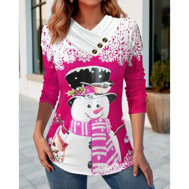 Christmas Snowman Printed V neck Long Sleeve T shirt Purplish Red - Shop at LoveMi
