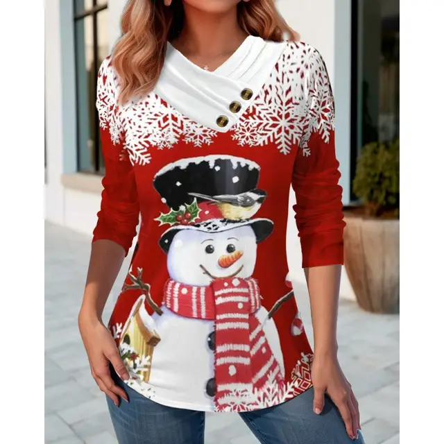 Christmas Snowman Printed V neck Long Sleeve T shirt Red - Shop at LoveMi