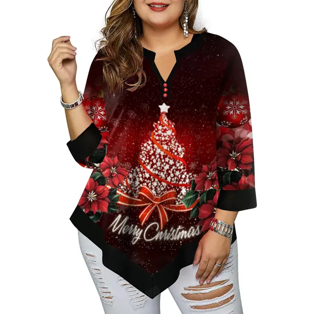Women's V neck Shirt Positioning T shirt Christmas Black - Shop at LoveMi
