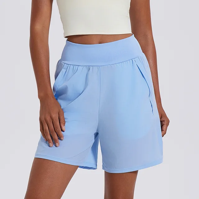 High Waist Belly Contracting Fifth Pants No Lining Loose Running Blue - Shop at LoveMi