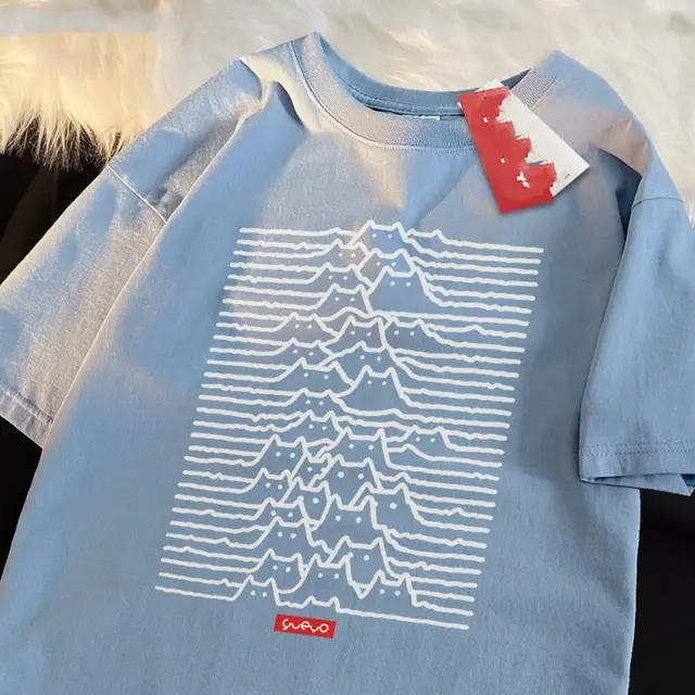 Cartoon Pure Cotton Trendy Summer Travel Mountain Cat Line Short Sleeve Milk Blue - Shop at LoveMi
