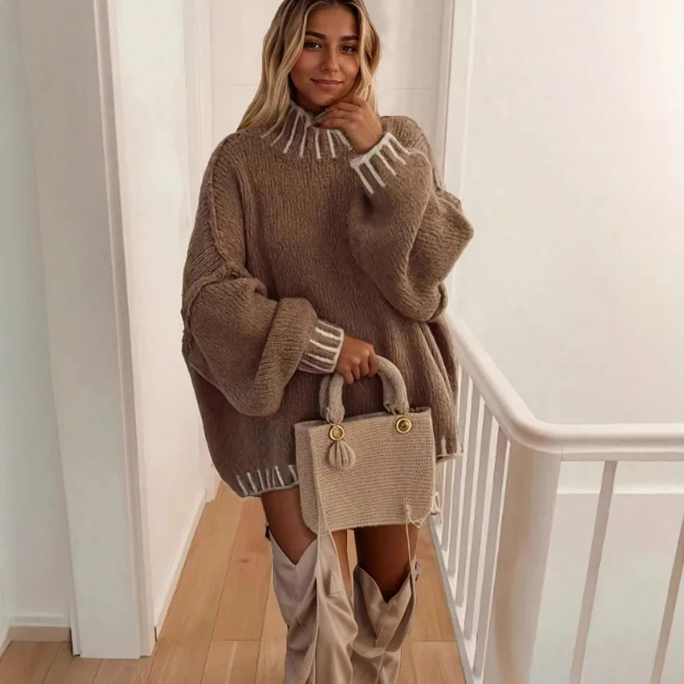 Women's Half Turtleneck Loose Thick Sweater - Camel
