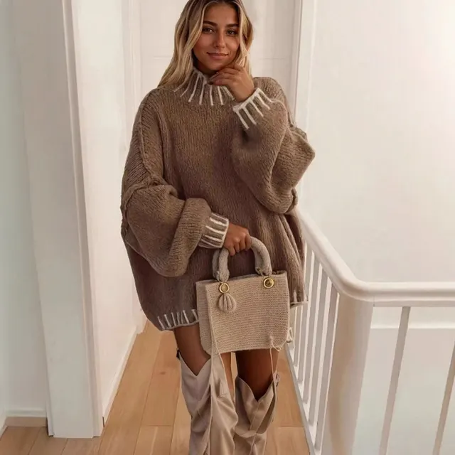 Women's Half Turtleneck Loose Thick Sweater Camel - Shop at LoveMi