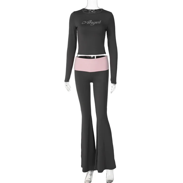 Autumn New Contrast Color Round Neck Long Sleeve Bell bottom Pants Two piece Set Fashion Rhinestone Suit Dark Gray - Shop at LoveMi