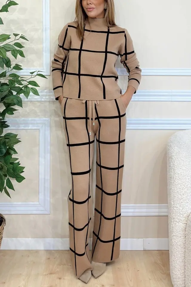Women's Turtleneck Long Sleeve Printed Checks Trousers Suit Khaki - Shop at LoveMi