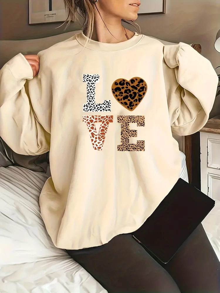 Round Neck Leopard Print Love Plus Size Sweater For Girls Apricot - Shop at LoveMi