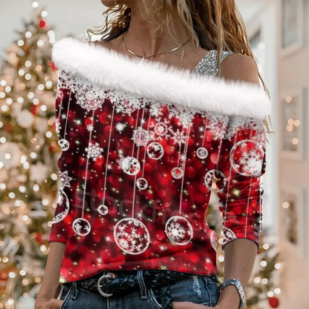 Christmas Element Printed Long Sleeve Diagonal Collar Pullover Women's T-shirt - Bmzyzlj003