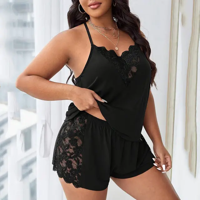 Household Women's Sling Stitching Solid Color Casual Pajamas Suit Black - Shop at LoveMi