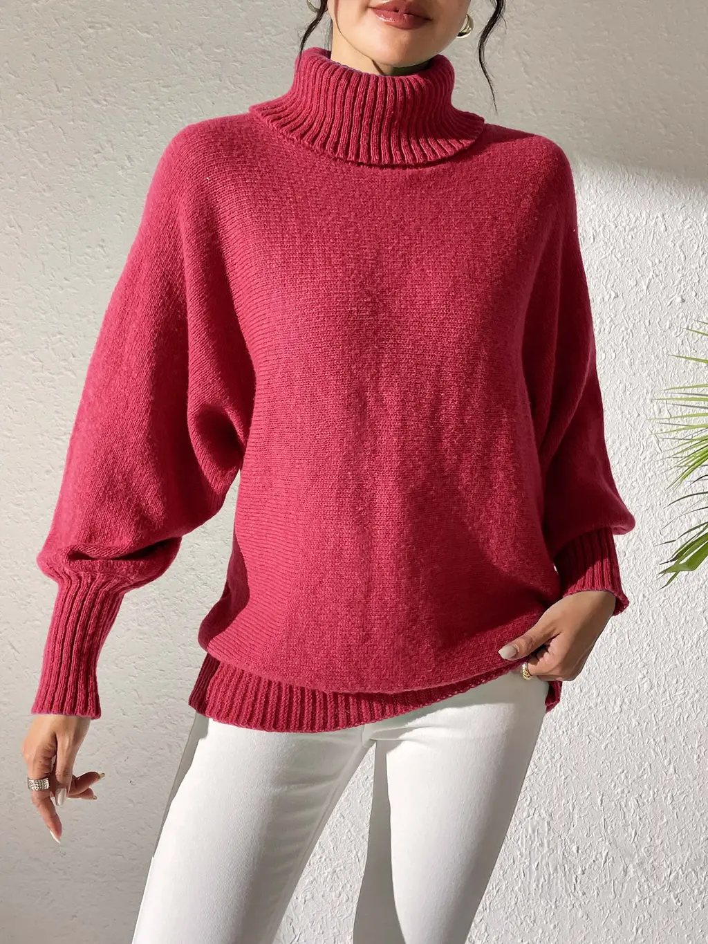 Women's Solid Colour Turtleneck Lapel Sweater - Bright Red