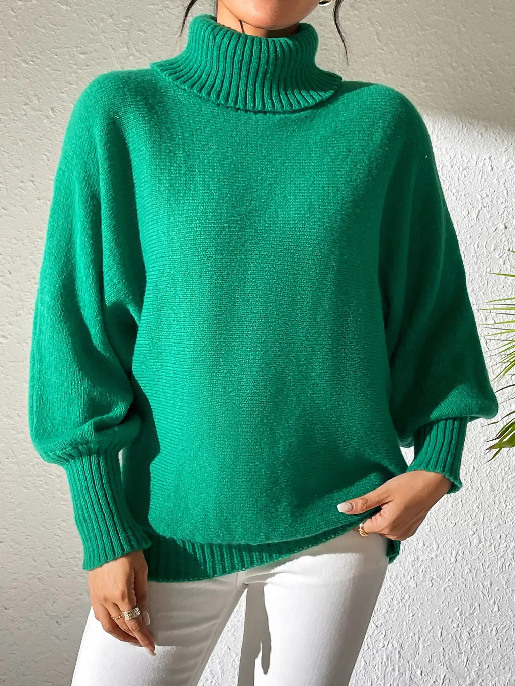Women's Solid Colour Turtleneck Lapel Sweater - Green