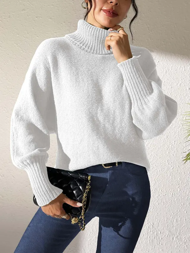 Women's Solid Color Turtleneck Lapel Sweater White - Shop at LoveMi