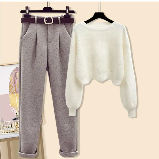 Winter Women's Woolen Coat Sweater Pants Three piece Set Set 1 - Shop at LoveMi