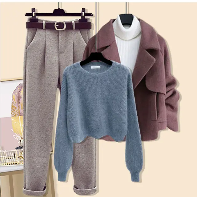 Winter Women's Woolen Coat Sweater Pants Three piece Set Set 3 - Shop at LoveMi
