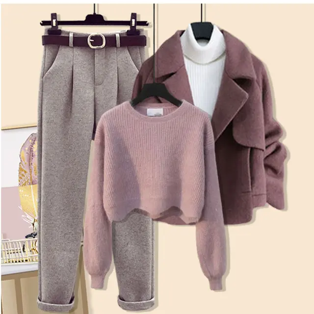 Winter Women's Woolen Coat Sweater Pants Three piece Set Set 4 - Shop at LoveMi