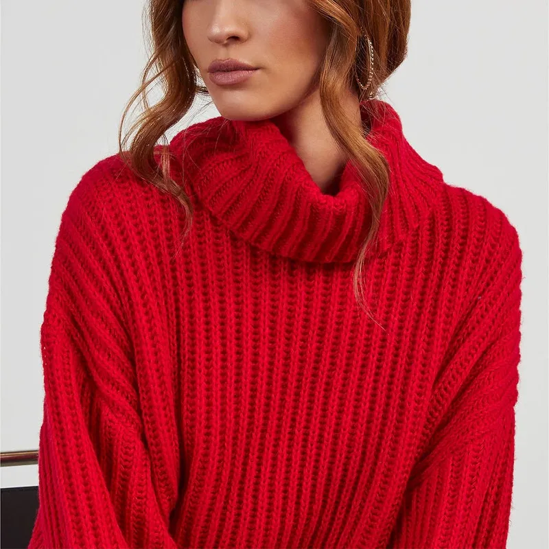 Solid Color Turtleneck Long Sleeve Loose Dress Sweater Red - Shop at LoveMi