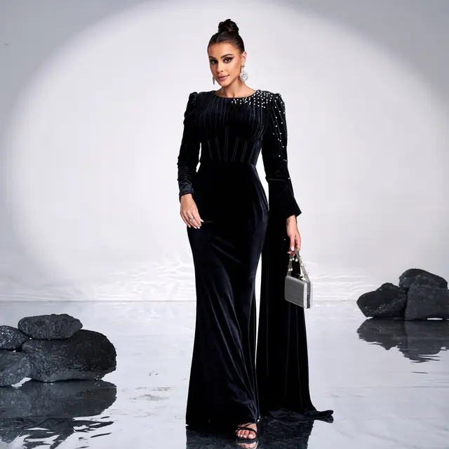 Velvet Round Neck Long Sleeve Rhinestone Evening Dress Black - Shop at LoveMi