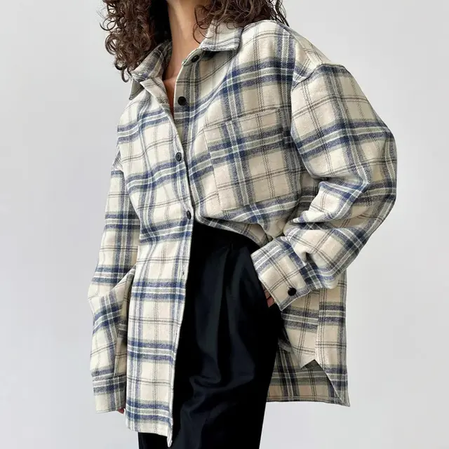 Lapel Loose Plaid Long Sleeve Shirt Plaid - Shop at LoveMi