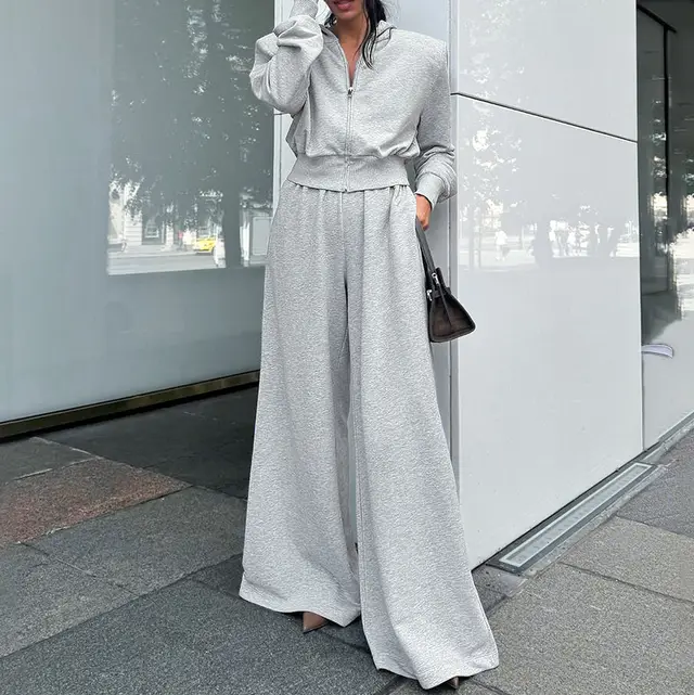 Gray Hooded Sweatshirt Wide Leg Pants Suit Gray - Shop at LoveMi