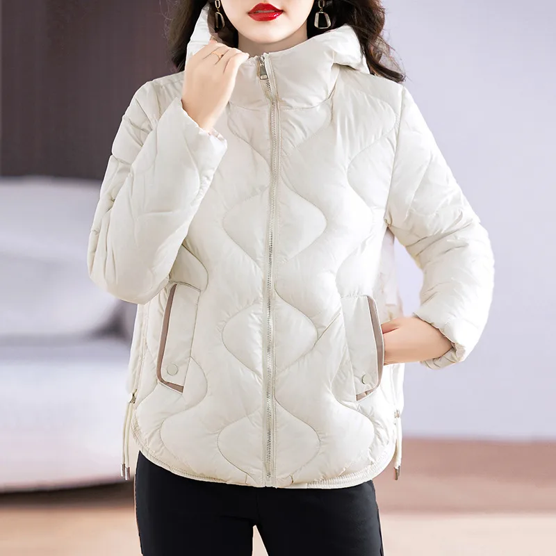 New Shiny Fashion Western Style Slimming Thin Hood Cotton-padded Coat For Women - Beige