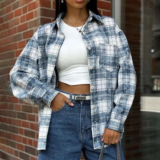 Loose Classic Long sleeved Plaid Polyester cotton Pocket Shirt Plaid - Shop at LoveMi