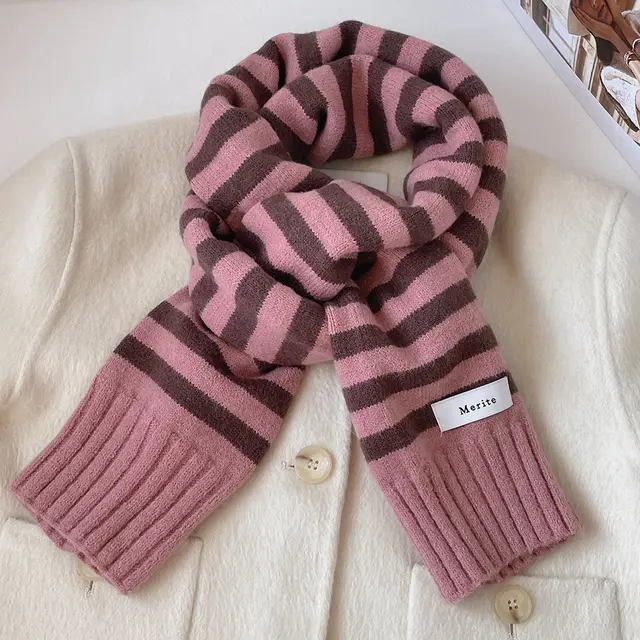 Striped Contrast Color Knitted Wool College Style Scarf Coffee Pink - Shop at LoveMi