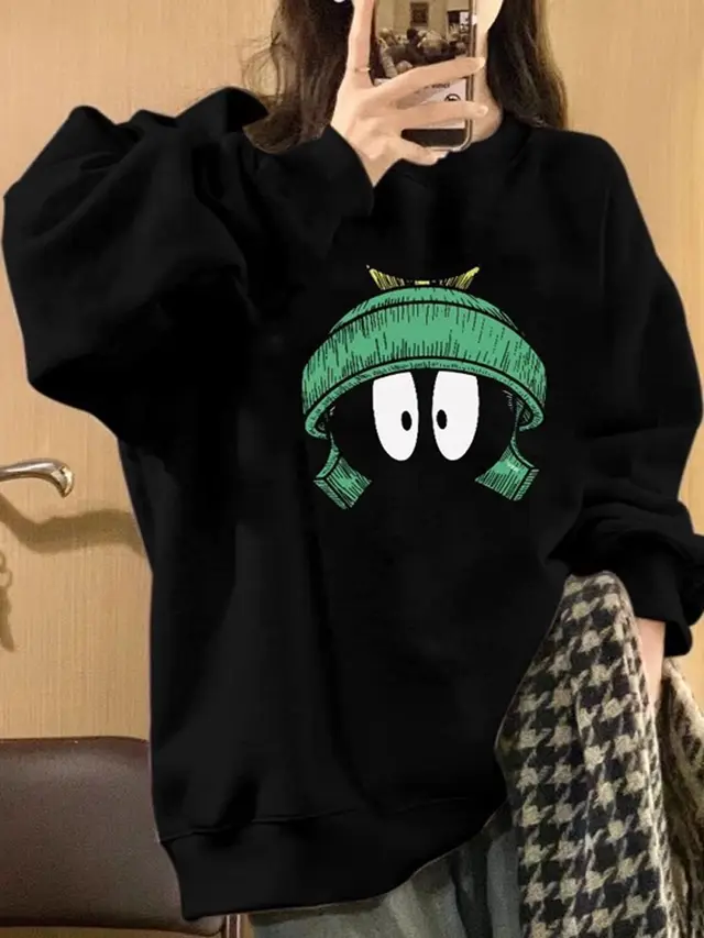 Autumn And Winter New Round Neck Loose Casual Fleece lined Hoodless Sweater Women Black Plus Velvet - Shop at LoveMi