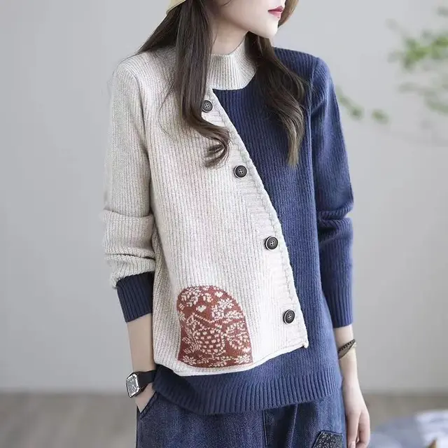 Women's Color Matching Knitted Bottoming Shirt Beige - Shop at LoveMi
