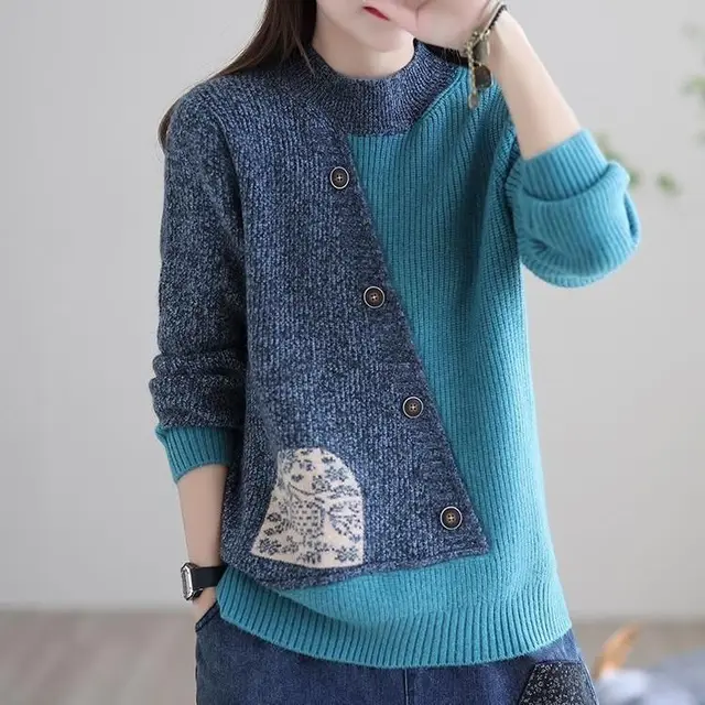 Women's Color Matching Knitted Bottoming Shirt Blue - Shop at LoveMi
