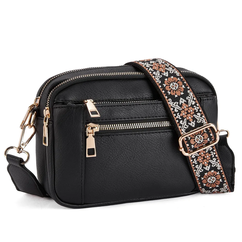 Triple zipper Shoulder Bag With Floral Embroidered Straps Fashion Colorblock Multi functional Crossbody Bags For Women Black - Shop at LoveMi
