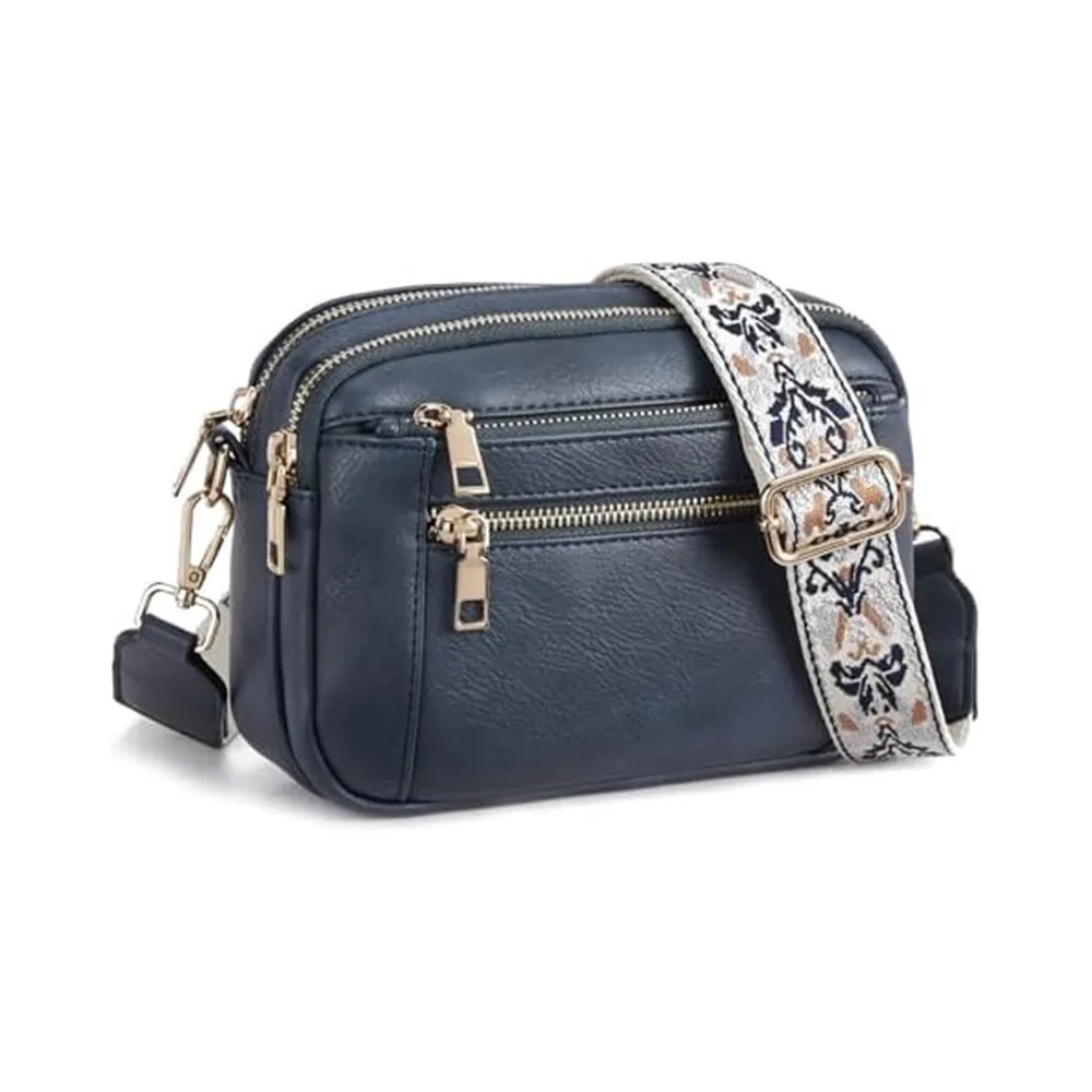 Triple zipper Shoulder Bag With Floral Embroidered Straps Fashion Colorblock Multi functional Crossbody Bags For Women Blue - Shop at LoveMi