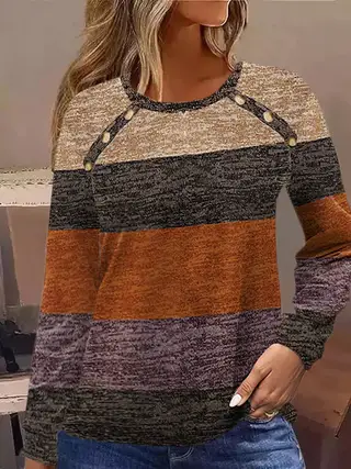 Color Block Printed Button Long Sleeve Round Neck T-shirt - Orange