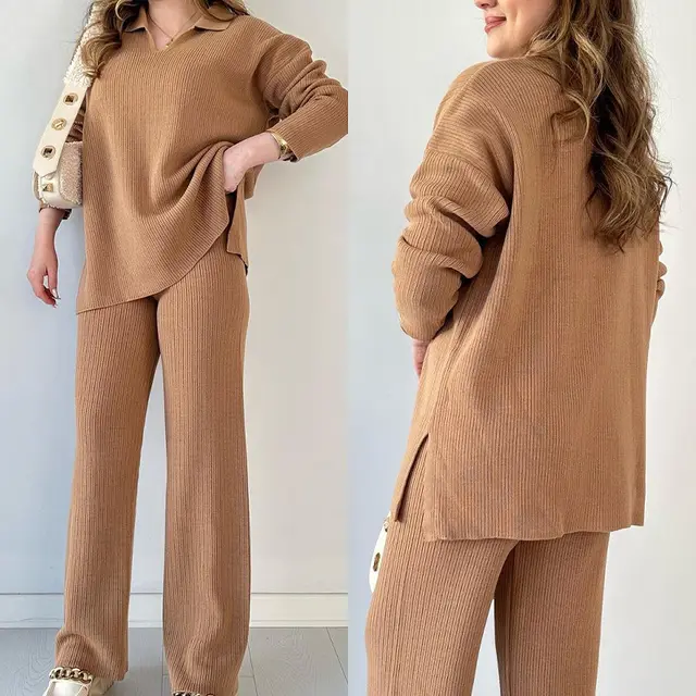 Loose Slit Hemline At Hem Two piece Dress Of Knitted Sweater Camel - Shop at LoveMi